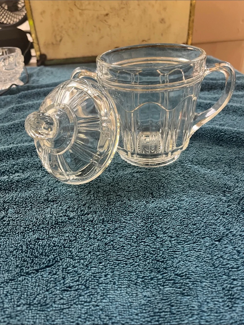 Vintage double handled glass sugar dish with cover